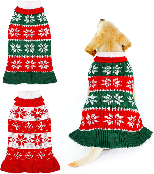 2-Pack Dog Christmas Sweater Dress - Warm Knit Pullover with Snowflakes and Floral Design for Winter (Size M)